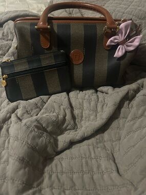 Fendi Pequin Striped Canvas Satchel in Black and Brown with Pouch and Dust bag